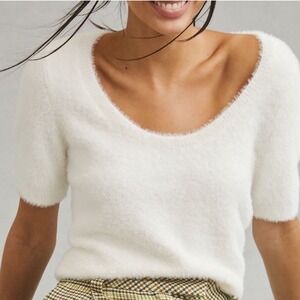 Anthropologie Maeve Fuzzy Short Sleeve Scoop Neck White Winter Sweater